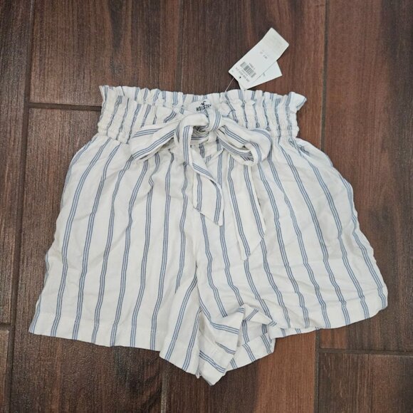 Hollister White High Rise Blue Stripe Paperbag Tie Sash Shorts Nautical Girl XS - Picture 2 of 8